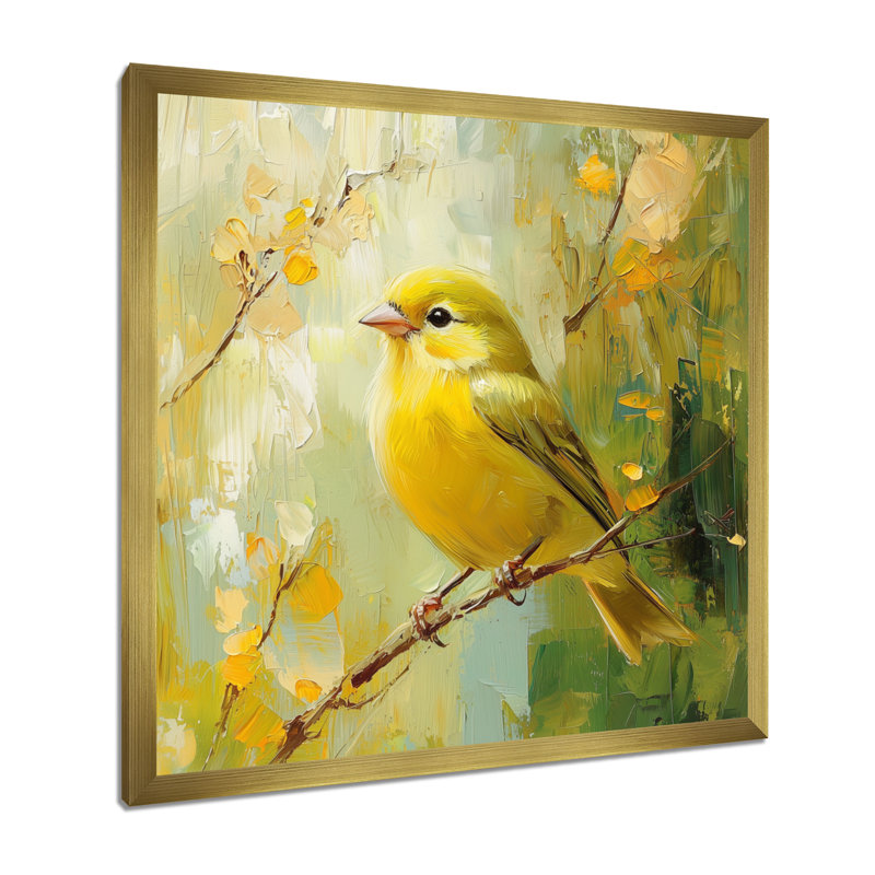 Oiseau pinson dans la brise de forêt I - oiseau, art mural, H 16 po x l 16 po, Picture Framed, Doré