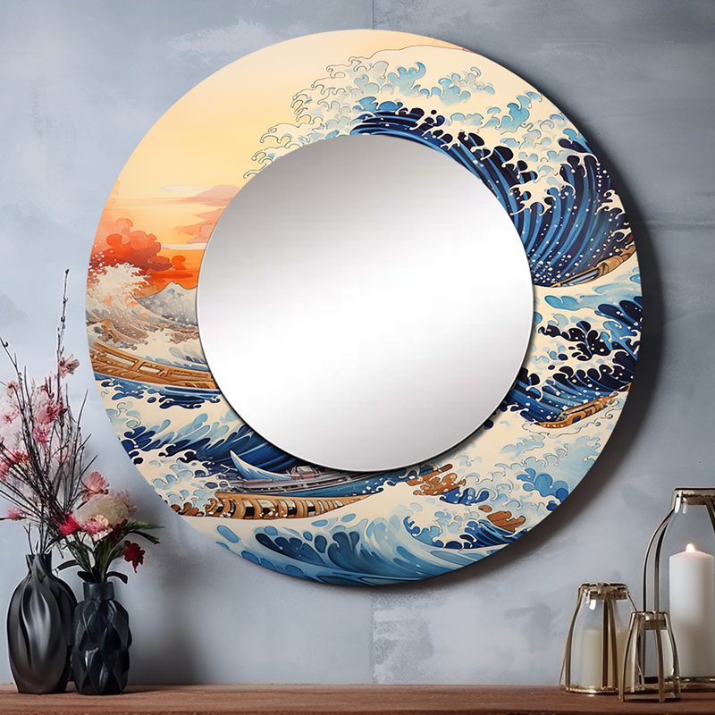 Seoin chef d'œuvre le grand jaune de Kanagawa II - miroir mural chef-d'œuvre, miroir décoratif rond moderne, impression d'art en métal