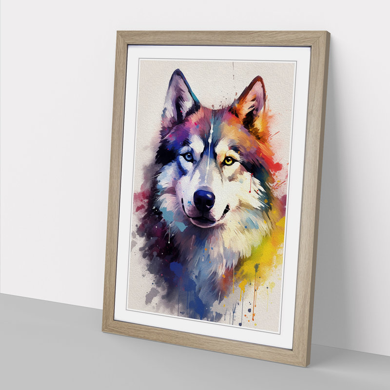 Husky Gestural - Single Picture Frame Print on Wood, Oak, 46cm H x 34cm W x 2cm D