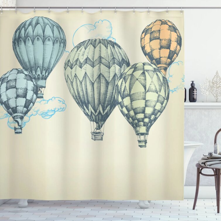 Ambesonne Vintage, Hot Air Balloons in Soft Tone Fly in Sky Lighter Than Air High Tourism Artful Shower Curtain Set, Blue