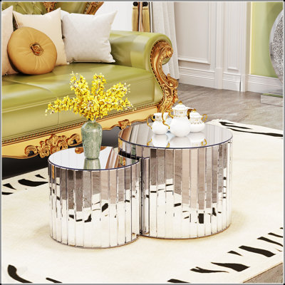 Table basse à miroir ronde de luxe - Mobilier de salon moderne argenté élégant pour petits espaces et décor élégant