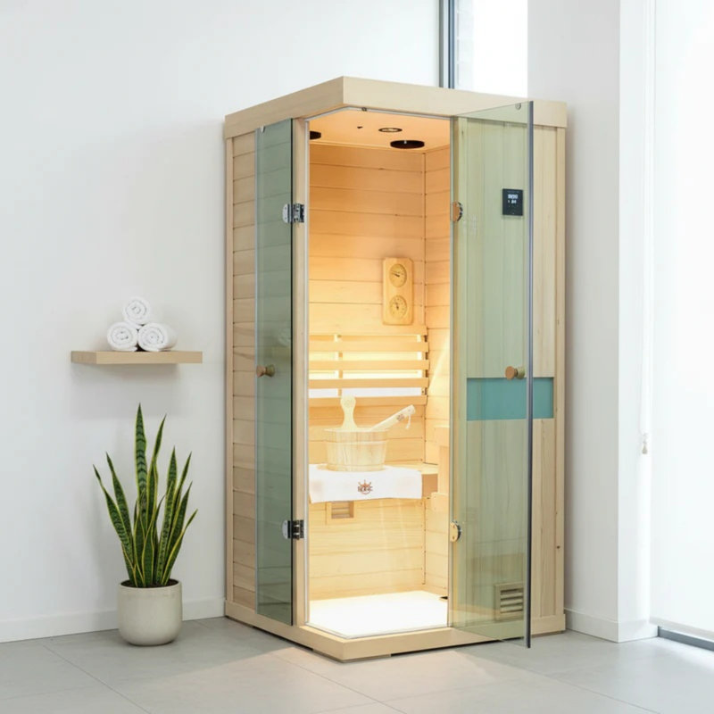 Samsora Indoor Traditional Steam Saunas 2500W for 1-Person, Made by African Wood, Advanced Negative Ion Technology with Mid Infrared Lamp, 95℉-230℉, Bluetooth Speaker, with Sauna Heater and Sauna Stone