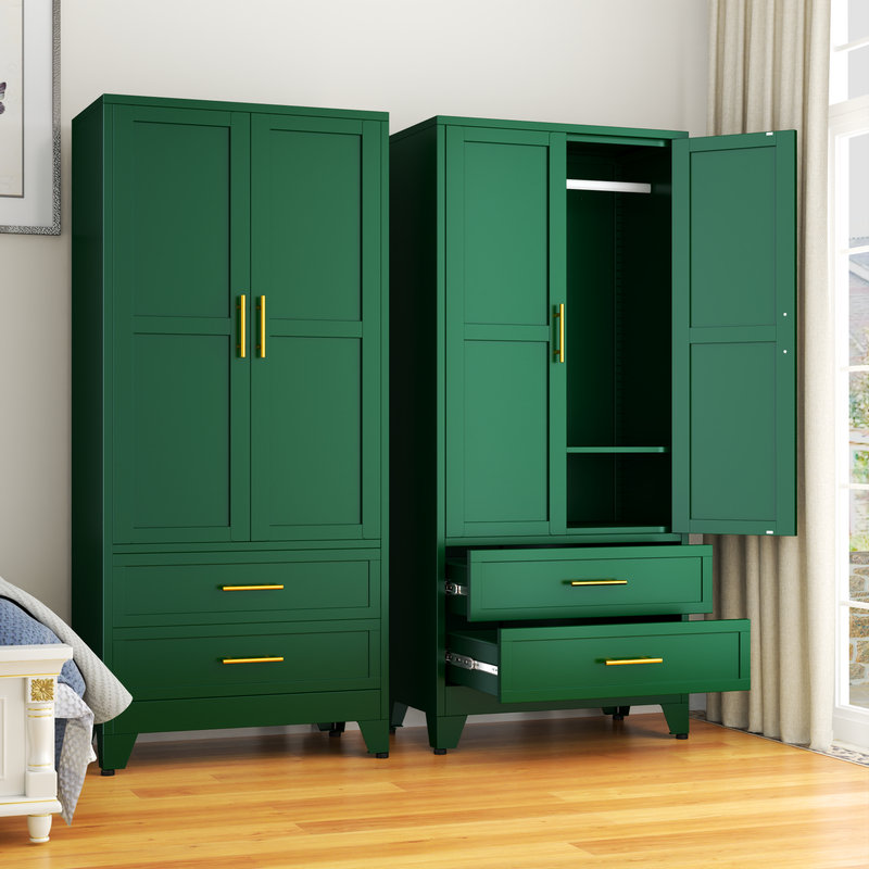 Green Metal Freestanding Wardrobe Armoire with Drawers and Hanging Rod
