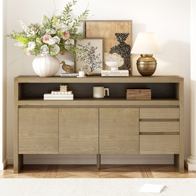 U_Style 60" 3-Door Sideboard With 3 Drawers - Modern Solid Ash Veneer MDF Sideboard, Semi-Open Shelf & Center Semi-Circular Cutout In Back Panel, Large Storage Cabinet For Living Room, Hallway, Dining
