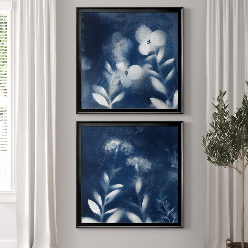 «Nature's Indigo I», ensemble de 2 reproductions d'art encadrées, H 17,5 po x l 35 po x P 1,5 po, Toile avec cadre noir
