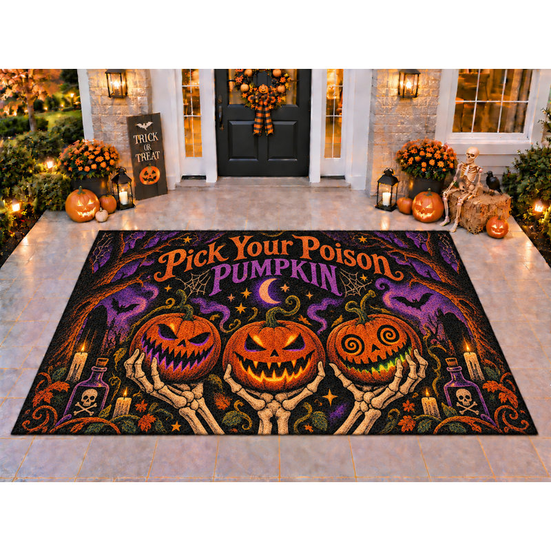 Tapis d'extérieur 5' x 7' à motifs de citrouilles empoisonnées et de mains de squelette pour l'Halloween, en PVC épais, imperméable et bouclé, résistant et durable, idéal pour terrasse, balcon, entrée ou intérieur.