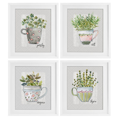 Kitchen Herbs in Mugs 4pc Framed Print Under Glass Set, design by Livi Finn