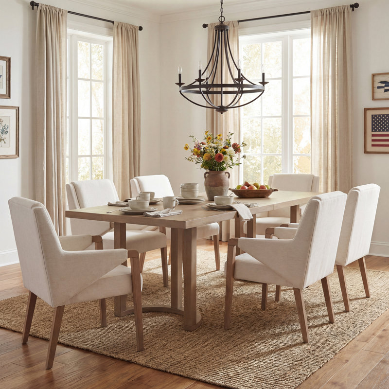 Harlan 6-Person Rubberwood Dining Table Set With Upholstered Chairs, Light Ash, Beige/Light Ash