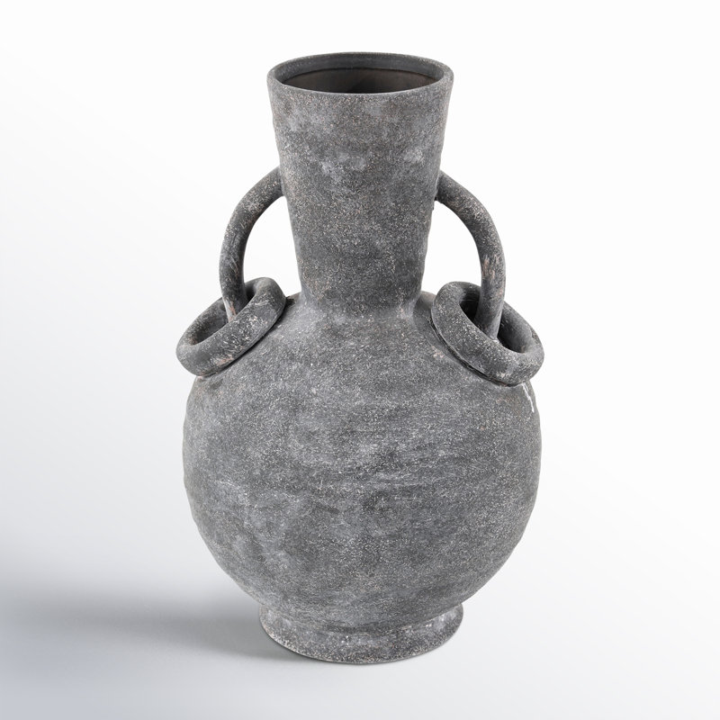 Ceramic Textured Decorative Vase with Ring Handles, Gray