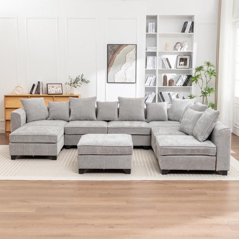 Kempson 8 - Piece Upholstered U-Shaped Sectional Sofa With Two Ottomans, Gray Polyester
