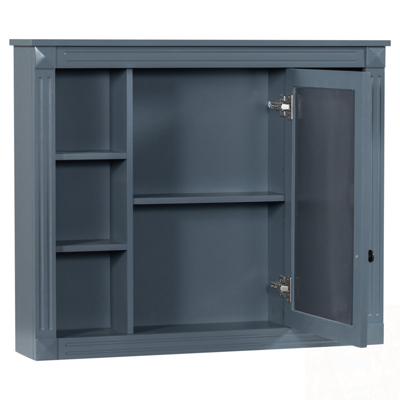 Armoire de rangement murale avec miroir et tablettes ouvertes, Bleu