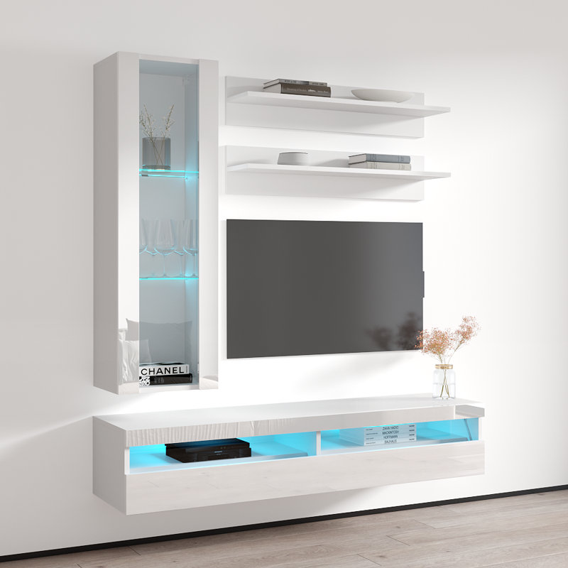 Laryssa 63" Modern Floating Wall Mounted Entertainment Center with 16-Color LED Lighting, High Gloss Finish, White