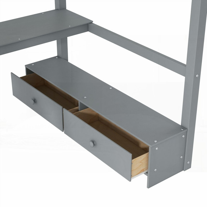 Lit mezzanine double avec bureau en L multi-rangements, gris (aucun sommier requis, soutien solide), gris