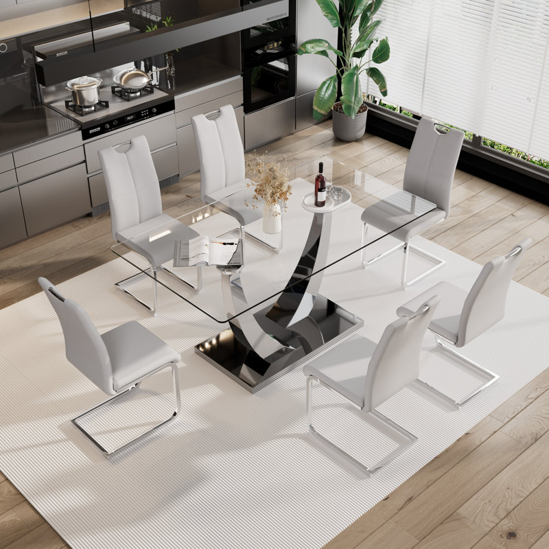 7 - Piece Rectangle Glass Pedestal Dining Set, Silver, Light Gray/Silver