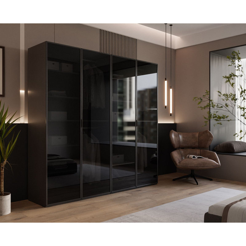 Manufactured Wood Wardrobe, Black Graphite/Black Glass