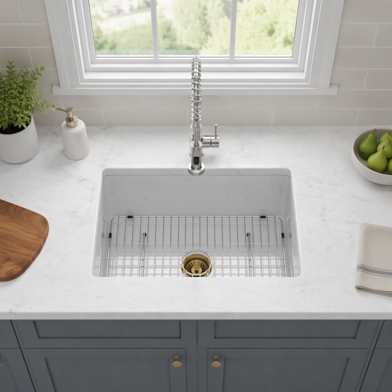 Durable Fireclay Rectangular Single Bowl Kitchen Sink with Deep Basin and Dual Mount Installation Options