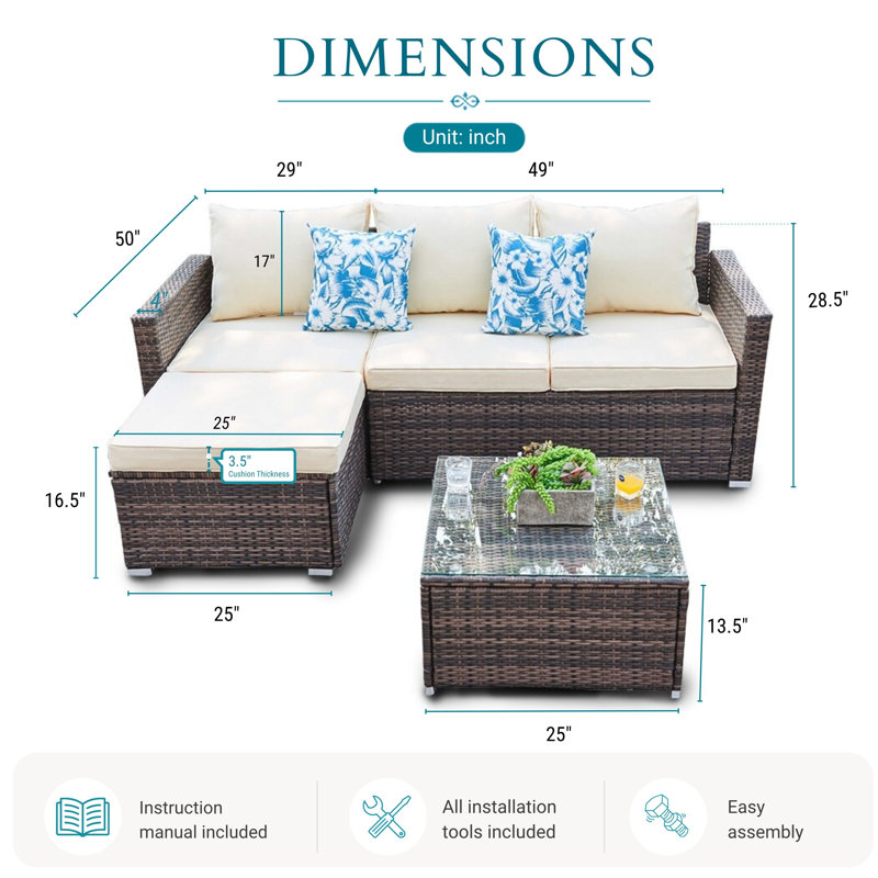 Ensemble de conversation modulaire avec coussins 3 pièces Southerland, Brun / beige