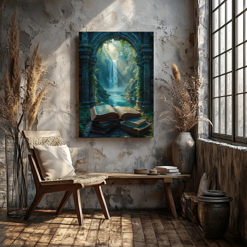 Toile «Mystical Library Scene» encadrée par une arche de pierre ornée d'art mural débordant de verdure luxuriante et de vignes au premier plan, art mural
