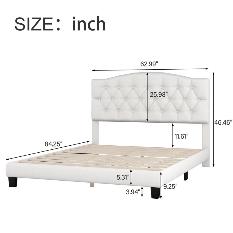 Lit plateforme tapissier avec tête de lit courbée et détails capitonnés à losanges, grand, beige, Grand lit
