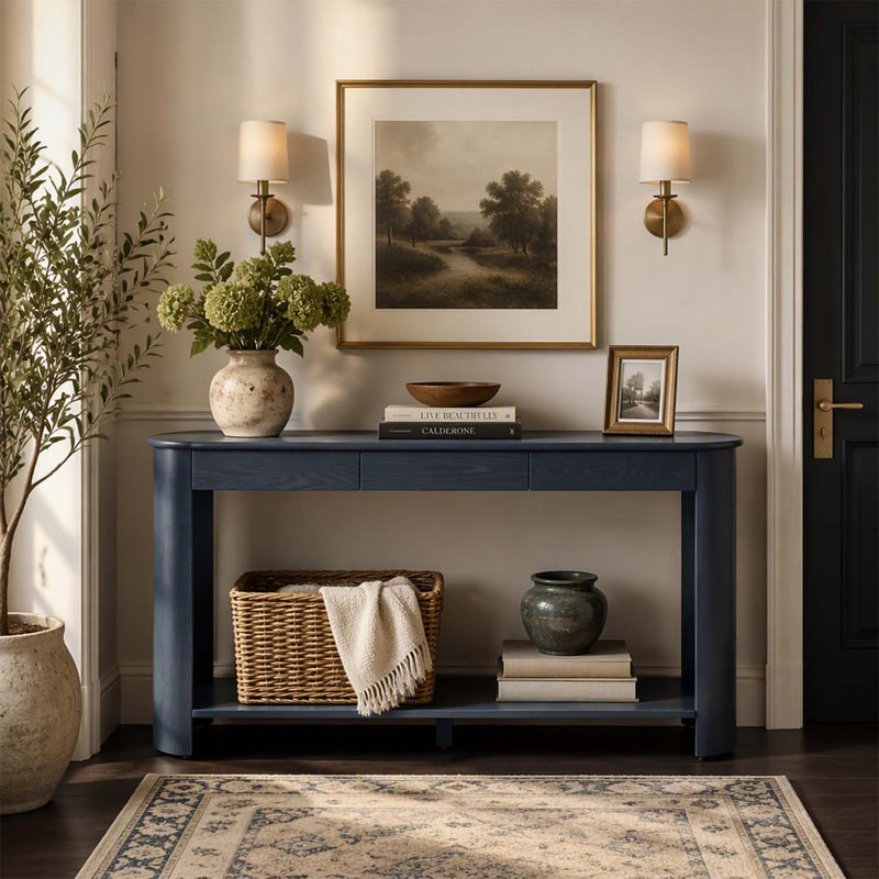 Console moderne en placage de chêne de 152 cm (59,8 po) avec 3 tiroirs, table d'entrée de style campagnard avec étagère, design semi-circulaire pour salon, couloir, entrée, hall d'entrée, couloir