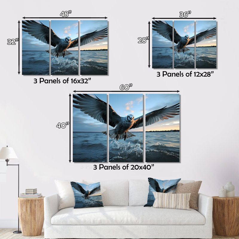 «Coastal Seabird Rising On Canvas», reproduction de 3 pièces, H 28 po x l 36 po x P 1 po