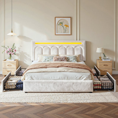 Structure de lit tapissier avec lumière DEL, lit de rangement avec 4 tiroirs