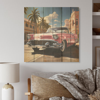 Classic Retro Vintage Pink Car - Retro Wood Art On Natural Pine Wood