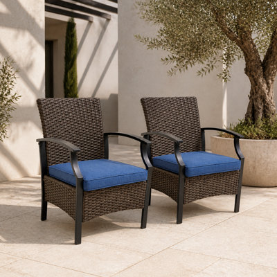 Set of 2 Wicker Patio Dining Armchairs, Steel‑Framed Outdoor Chairs with Peacock Blue Cushions for Porch, Balcony