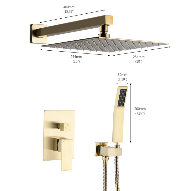 Système de douche mural brossé doré de 10 pouces avec tête réglable, contrôle de débit intégré et finition ternie pour poignée de levier d'élégance de salle de bain, inverseur, fonction Scratch