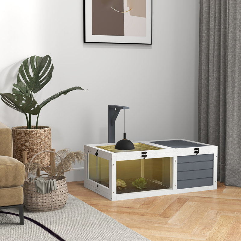 Habitat de tortue en bois gris - avec grille en métal et enclos pour caresser sans effort
