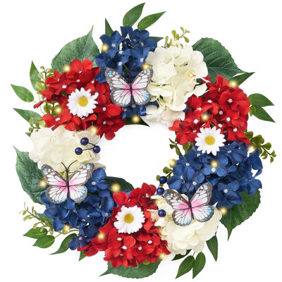  4th of July Wreaths for Front Door with Lights,Red White Blue Patriotic Hydrangeas Wreath with Eucalyptus Leaves Butterfly for Summer, 18'