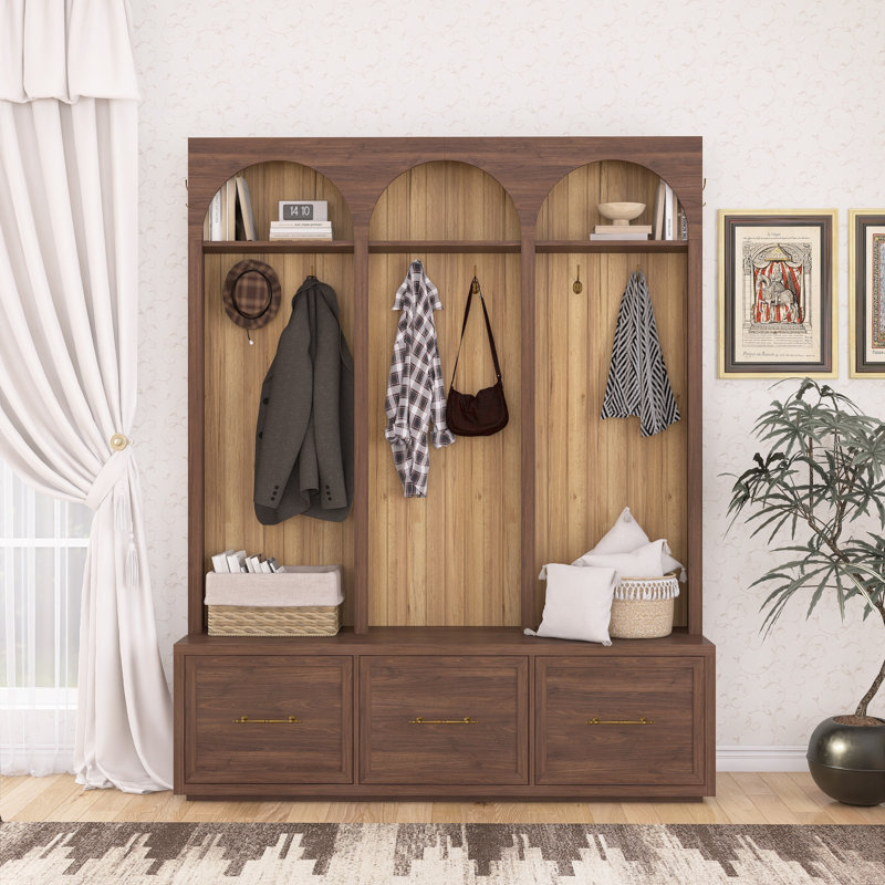 14.8"H Farmhouse Hall Tree Entryway Bench With Hooks & Drawers, Walnut