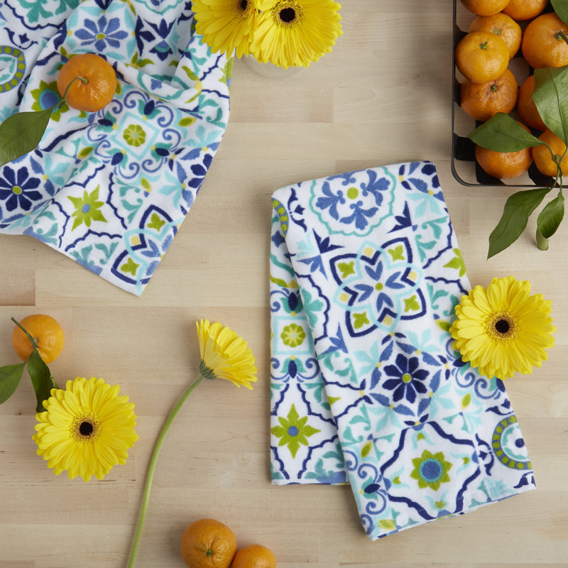 Blue Cotton Boho-Chic Tile Pattern Kitchen Towel Set