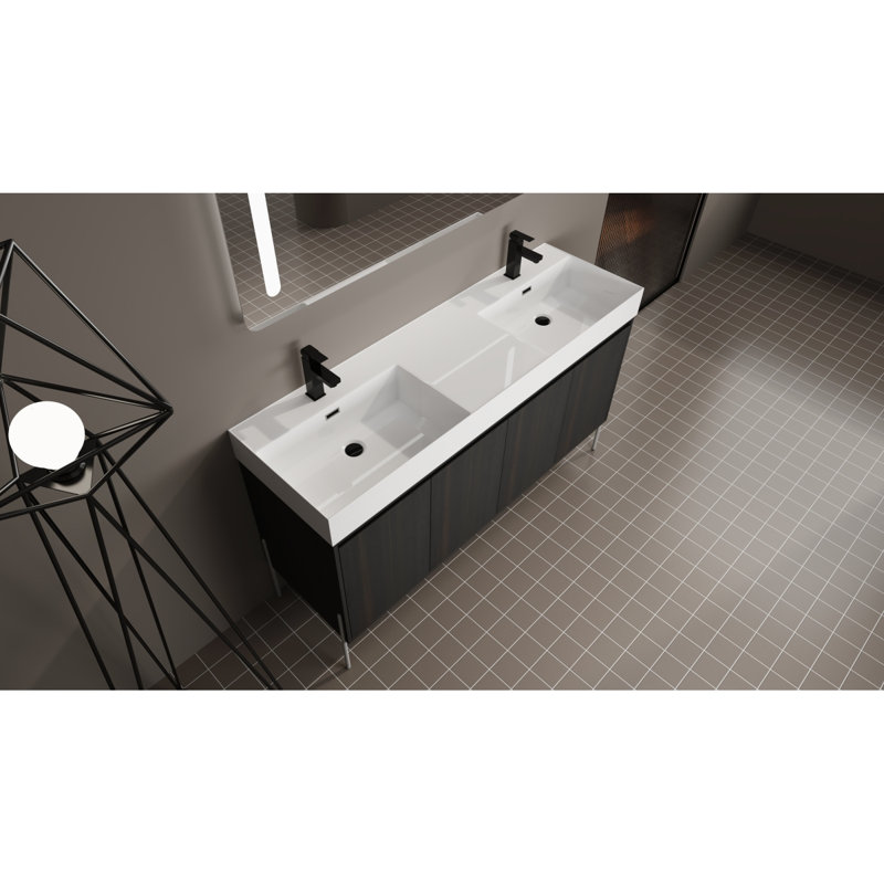 Meuble-lavabo autoportant 60 po avec double lavabo en résine, armoire de rangement avec portes à fermeture douce (ensemble KD)