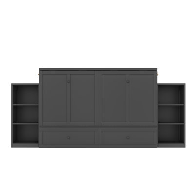 Grand lit escamotable avec tiroirs et tablettes de rangement spacieux. Idéal pour les chambres d'amis ou les chambres compactes. Gris foncé rétro