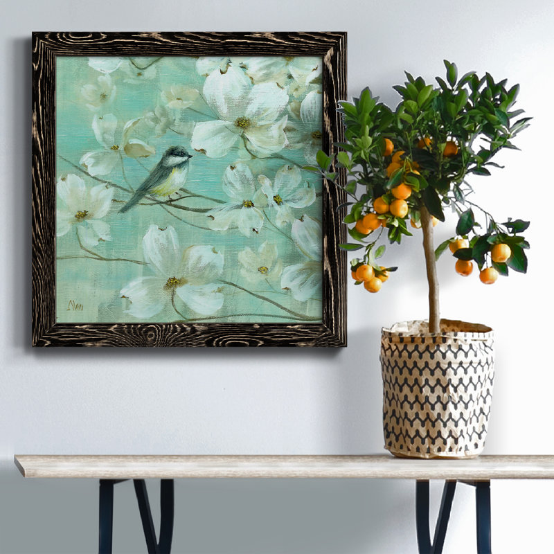 Mésanges et cornouiller - Détail I - Peinture sur toile encadrée, H 22,5 po x l 22,5 po x P 1,5 po, Cadre noir