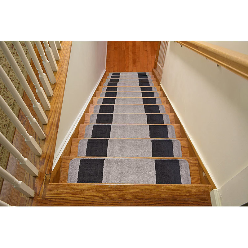Tapis d'escalier géométrique à bordure moyenne lavable à la machine, Gris, 1 Piece Included