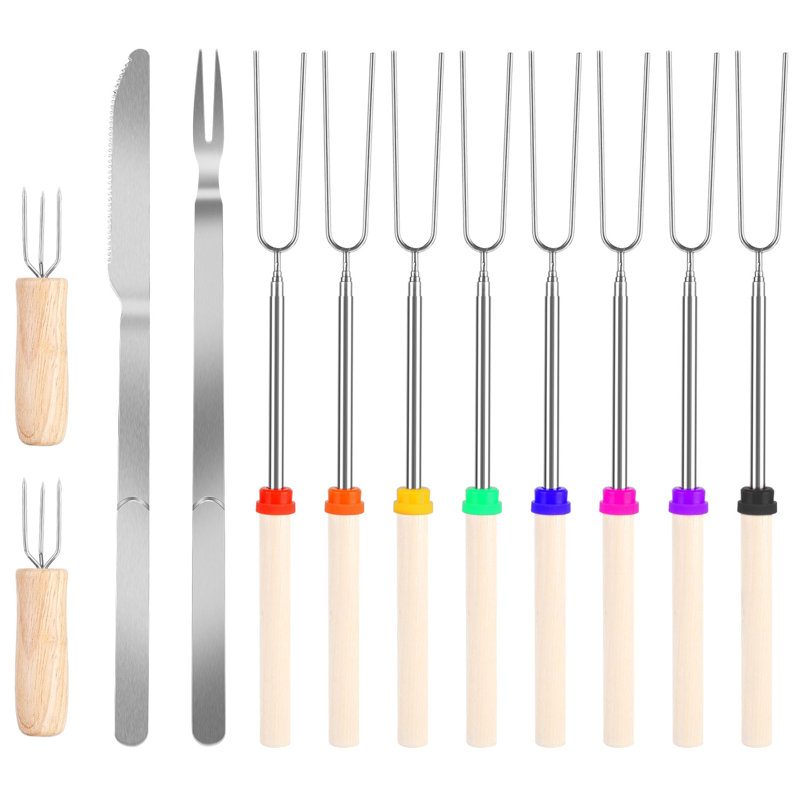 Ensemble de bâtonnets à rôtir en acier inoxydable 31,9 po télescopique télescopique Hot Dog fourchette de brochettes avec couteau fourchette à maïs pour barbecue