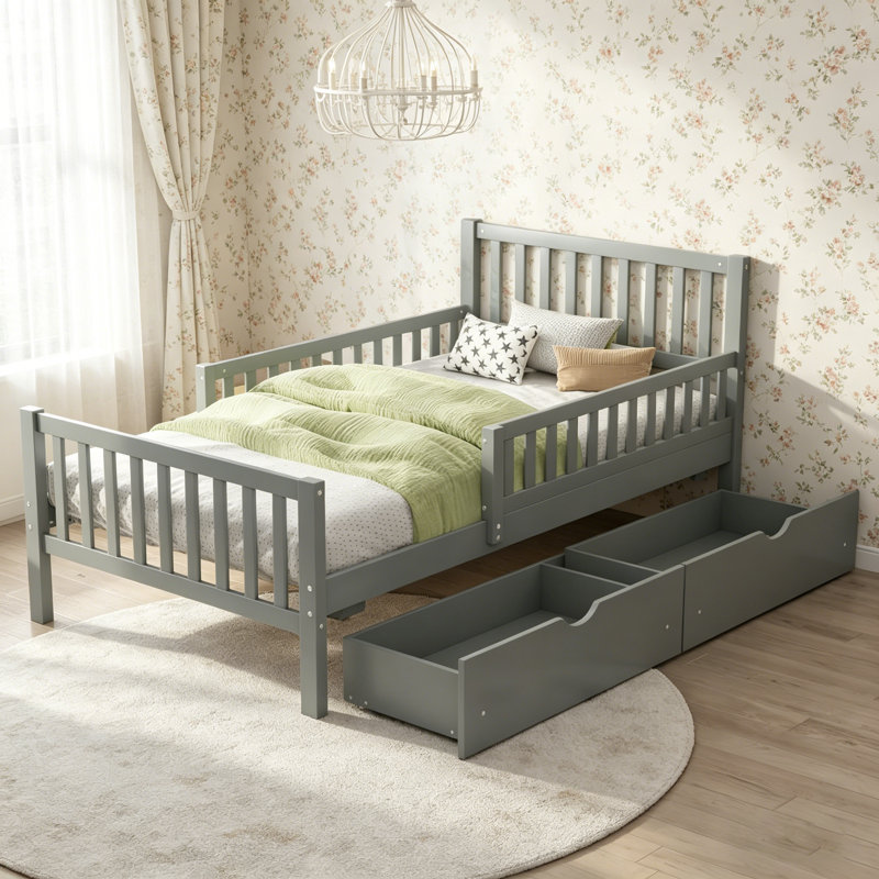 Lit plateforme simple en bois avec garde-corps et deux tiroirs de rangement, gris, parfait pour un sommeil sécuritaire et organisé