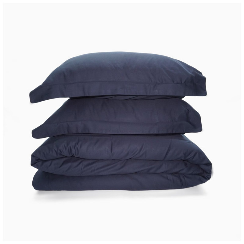 400TC Sateen Solid Cotton 90" Inches Round Duvet Cover Set, Navy Blue