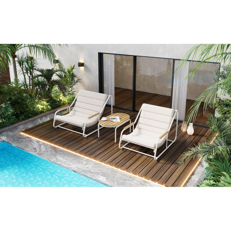 Ensemble de 3 chaises longues d'extérieur TREXM, chaise longue de patio avec table d'appoint en acacia, chaises longues de piscine pour pelouse, terrasse, plage, beige et blanc
