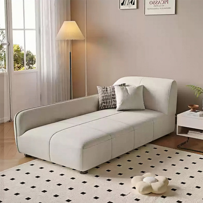 Méridienne moderne et simple en bois massif, Blanc cassé, Accoudoir à droite (vu de face)