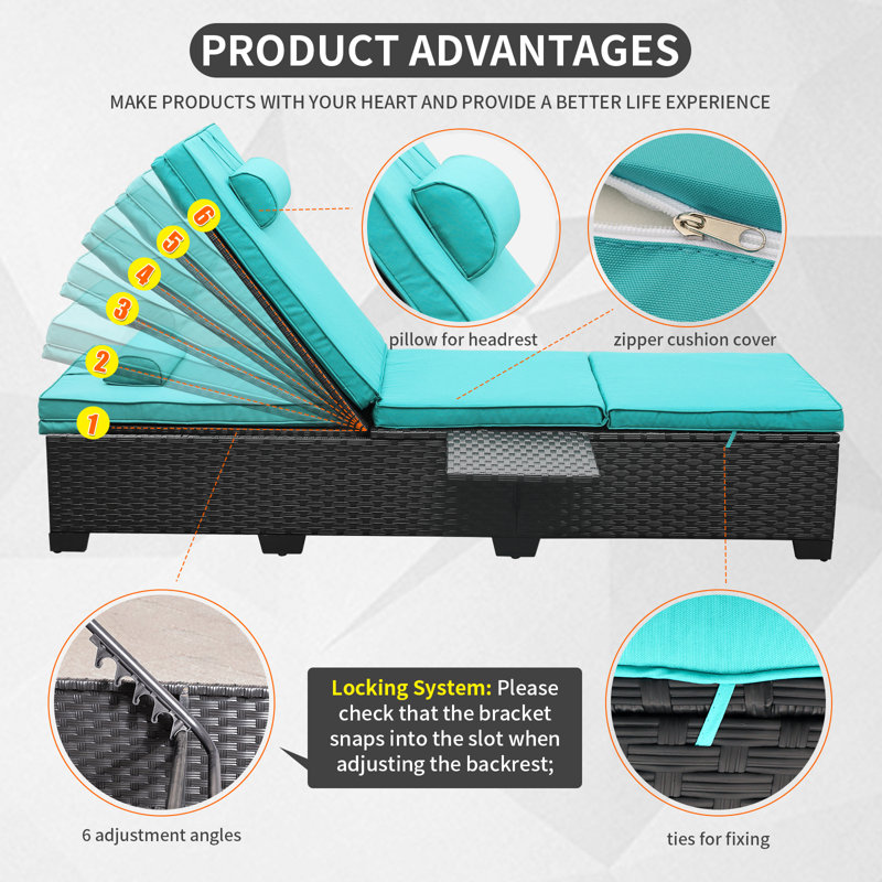 Persei Outdoor Wicker Chaise Lounge with Foldable Side Table, Light Blue