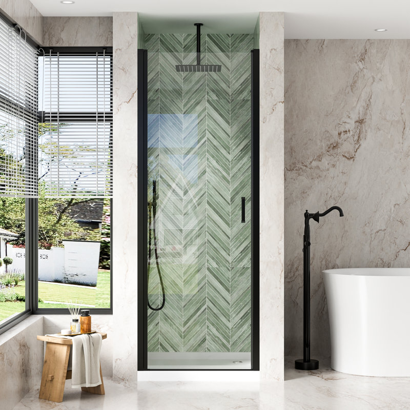 30"x 72" H Semi-Frameless Pivot Shower Door with  1/4 inch(6mm) Clear Tempered Glass And Handle,Matte Black, Matte Black