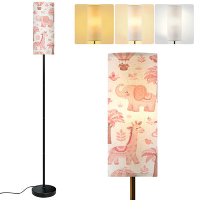  68.5" Standing Floor Lamp Pink Safari Giraffes Elephants Hot Air Balloons Trees Dimmable Metal Pole Lamp with Linen Lampshade LED Bulb Included