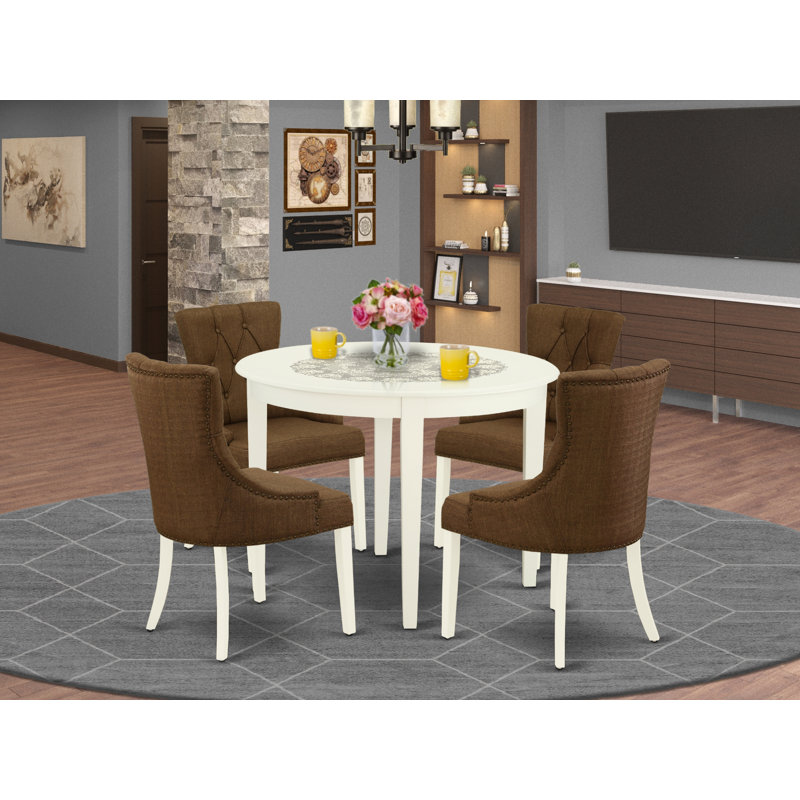 5 Piece Dining Table Set for 4 Includes a Round Kitchen Table and 4 Brown Linen Fabric Parsons Dining Chairs, Linen White