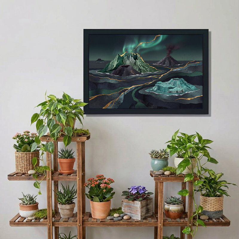 Art mural sur toile Teal Volcano Mountains with Green Aurora And Gold Lines, 16"H x 24"W