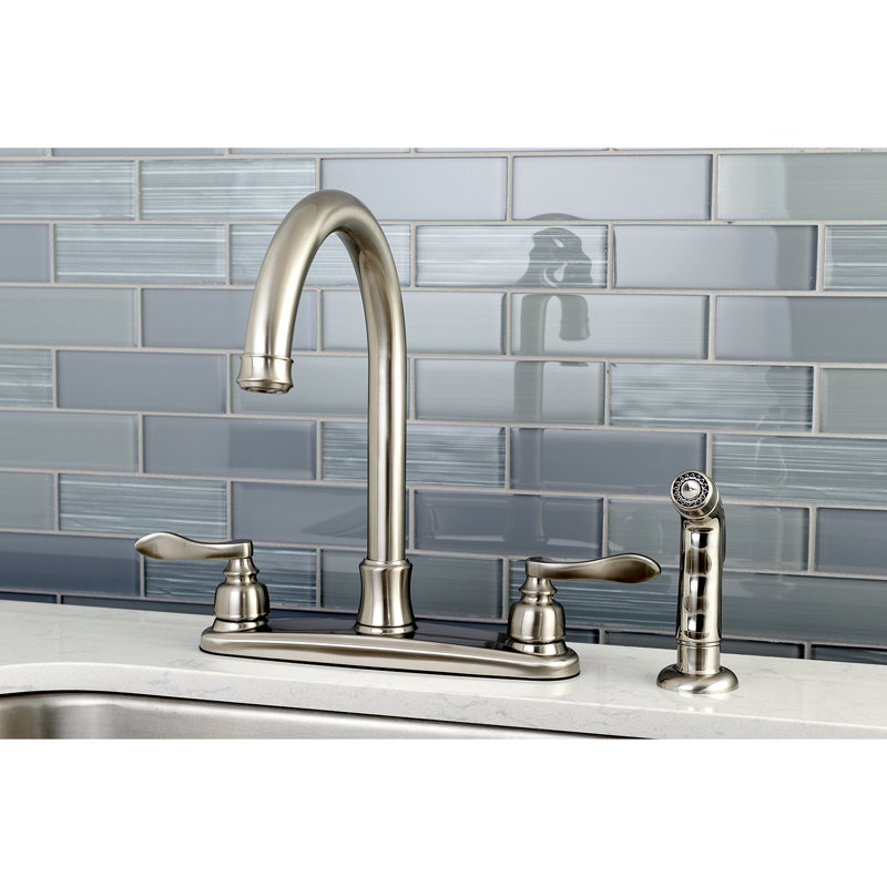 Kingston Brass NuWave French Two-Handle 4-Hole 8" Centerset Kitchen Faucet with Side Sprayer, Brushed Nickel