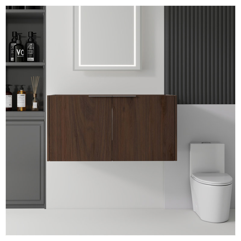 Meuble-lavabo flottant de 36 po de largeur, fabrication en contreplaqué avec portes à fermeture en douceur, unité de rangement murale (lavabo non inclus), brun