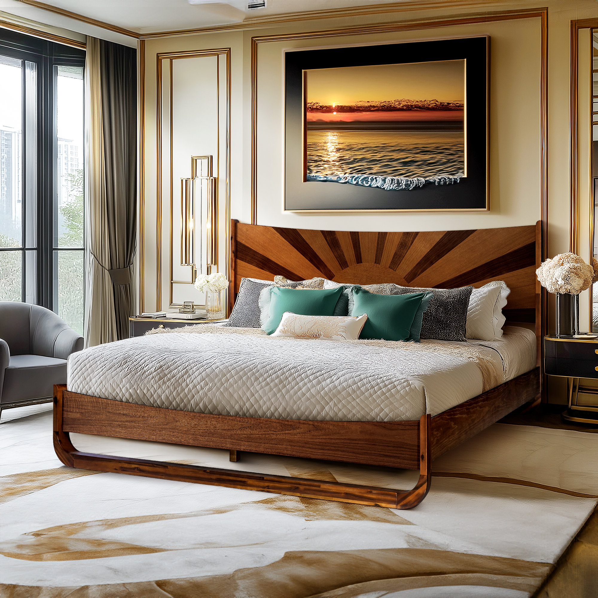 Loon Peak® Sunset Solid Wood Bed Frame Solid Wood Bed Frame with Artistic Patterned Headboard, Mid-Century Art Deco Design & Reviews | Wayfair
